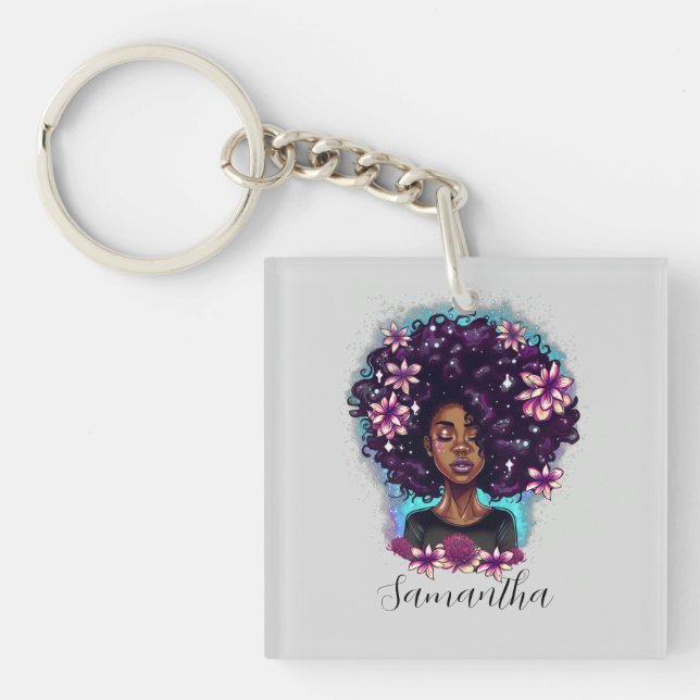 Floral Sparkling Afro Woman Key Ring (Front)