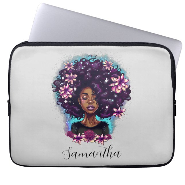 Floral Sparkling Afro Woman Laptop Sleeve (Front)