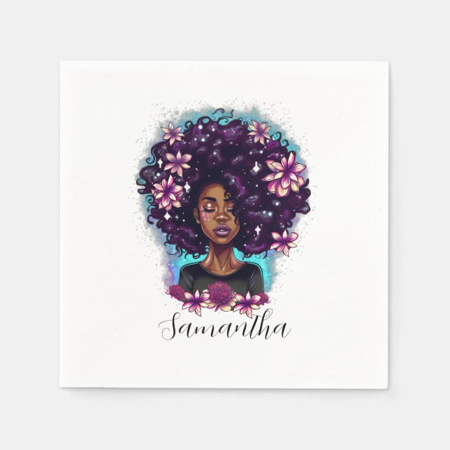 Floral Sparkling Afro Woman Napkin (Front)