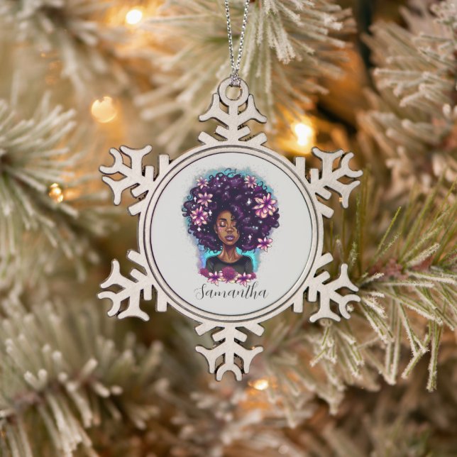 Floral Sparkling Afro Woman Snowflake Pewter Christmas Ornament (Tree)