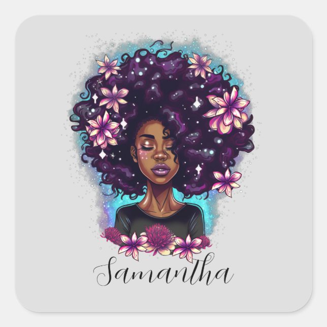Floral Sparkling Afro Woman Square Sticker (Front)