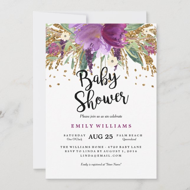 Floral Sparkling Amethyst Baby Shower Invitation (Front)