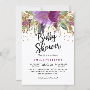Floral Sparkling Amethyst Baby Shower Invitation