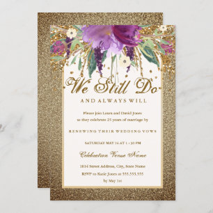 Floral Sparkling Amethyst Vow Renewal Anniversary Invitation