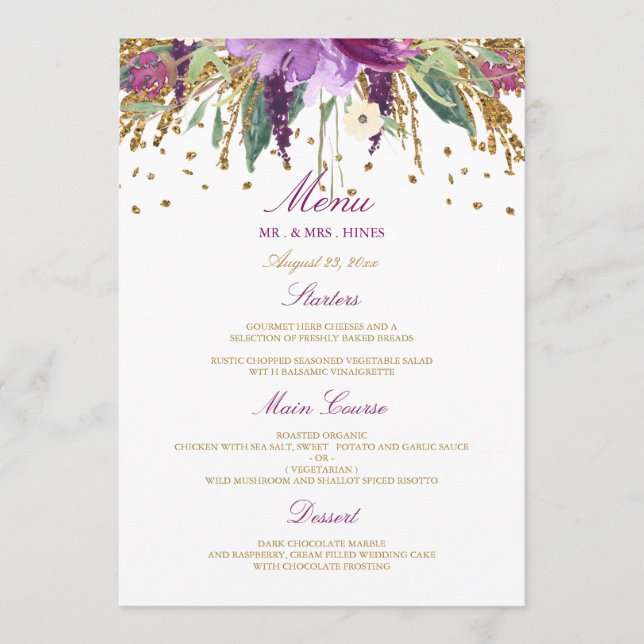 Floral Sparkling Amethyst Wedding Dinner Menu (Front)