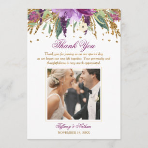 Floral Sparkling Amethyst Wedding Photo Thank You Card
