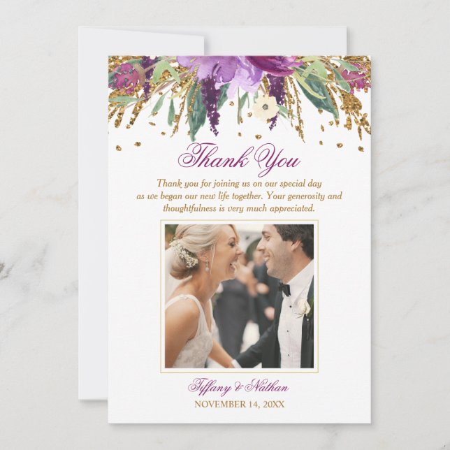 Floral Sparkling Amethyst Wedding Photo Thank You Card (Front)