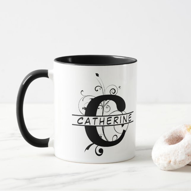 Floral Split Customised Alphabet monogram Letter C Mug (With Donut)