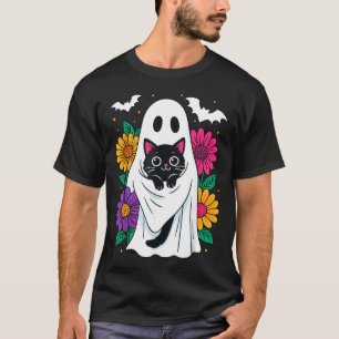Floral Spooky Ghost Holding Black Cat Halloween T-Shirt