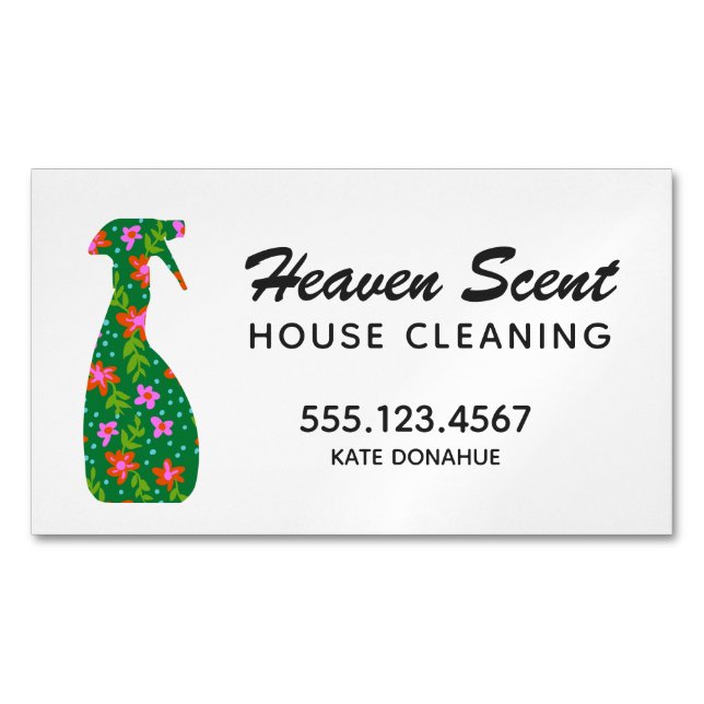Floral Spray Bottle House Cleaning Logo Business B Magnetic Business Card (Front)