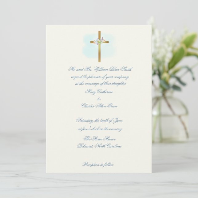 Floral Spray on Cross - Custom Wedding Invitations (Standing Front)