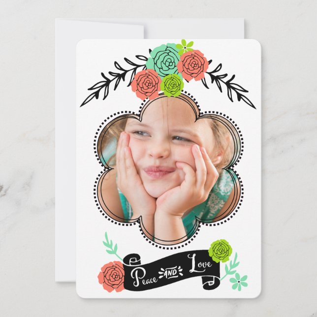 Floral Spray Peace and Love Holiday Photo Card (Front)