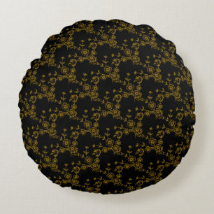 Floral Spray-S1-Black-Gold-16in ROUND PILLOW