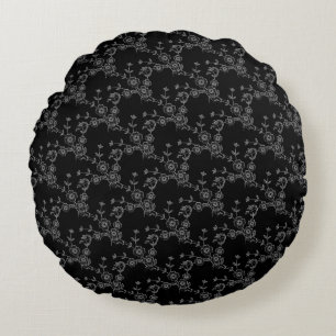 Floral Spray-S1-Black-Silver-16in ROUND PILLOW
