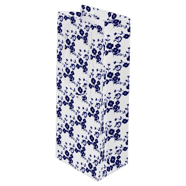 Floral Spray Style 1, Blue-White-WINE GIFT BAG (Front Angled)