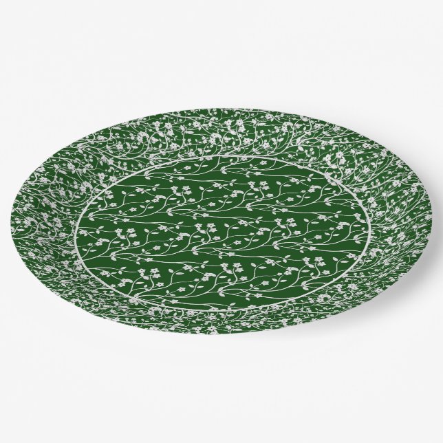 Floral Spray,WHITE-GREEN 6-PAPER PARTY PLATES (Angled)