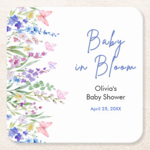 Floral Spring Baby in Bloom Baby Shower Square Paper Coaster