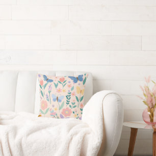 Floral Spring Bloom Cute Girly Pink Butterfly Cushion
