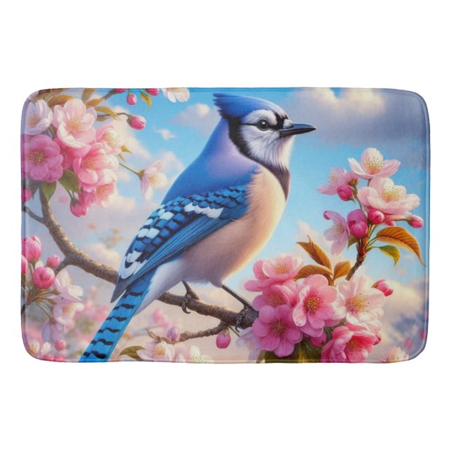 Floral/spring Blue Jay art Bath Mat (Front)