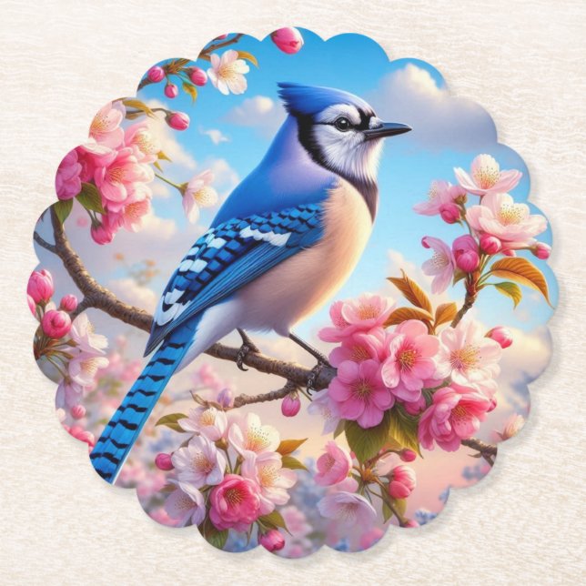 Floral/spring Blue Jay art Paper Coaster (Front)