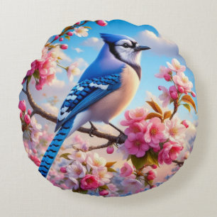 Floral/spring Blue Jay art Round Cushion