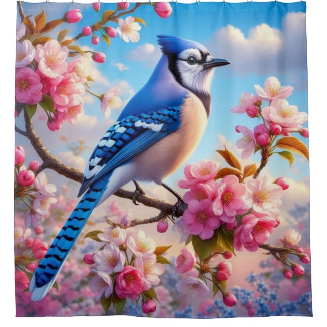 Floral/spring Blue Jay art Shower Curtain (Front)