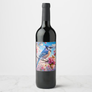 Floral/spring Blue Jay art Wine Label