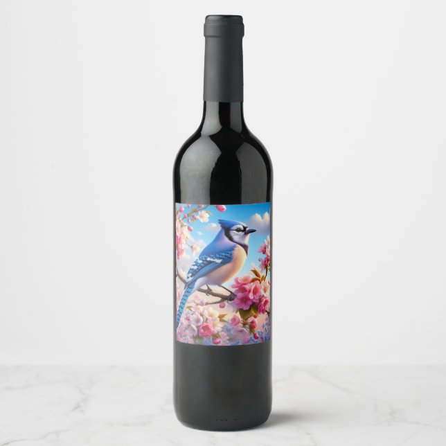 Floral/spring Blue Jay art Wine Label (Front)