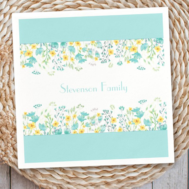 Floral Spring Blue Yellow Wildflowers Family Name Napkin (Floral Spring Blue Yellow Wildflowers Family Name Napkins)