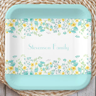 Floral Spring Blue Yellow Wildflowers Family Name Paper Plate