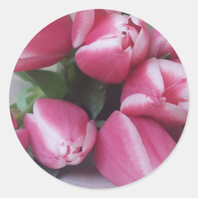 Floral Spring Bouquet of Pink Tulips, Flowers Classic Round Sticker (Front)