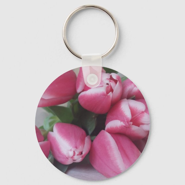Floral Spring Bouquet of Pink Tulips, Flowers Key Ring (Front)