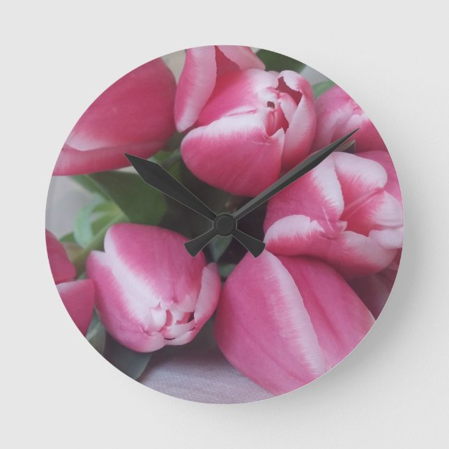 Floral Spring Bouquet of Pink Tulips, Flowers Round Clock (Front)