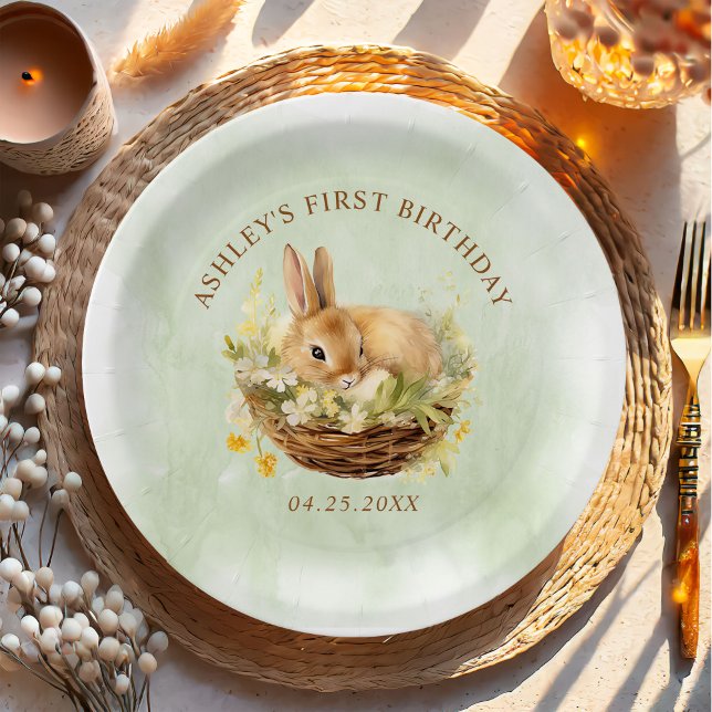 Floral Spring Bunny 1st Birthday Paper Plate (Creator Uploaded)