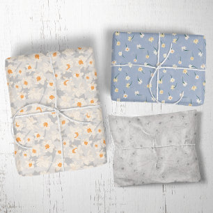 Floral Spring Daffodil   Blue and Grey Wrapping Paper Sheet