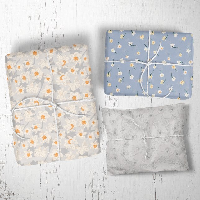 Floral Spring Daffodil | Blue and Grey Wrapping Paper Sheet (Creator Uploaded)