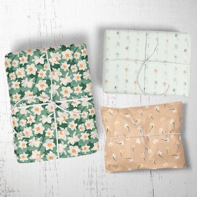 Floral Spring Daffodil | Green and Orange Wrapping Paper Sheet (Creator Uploaded)
