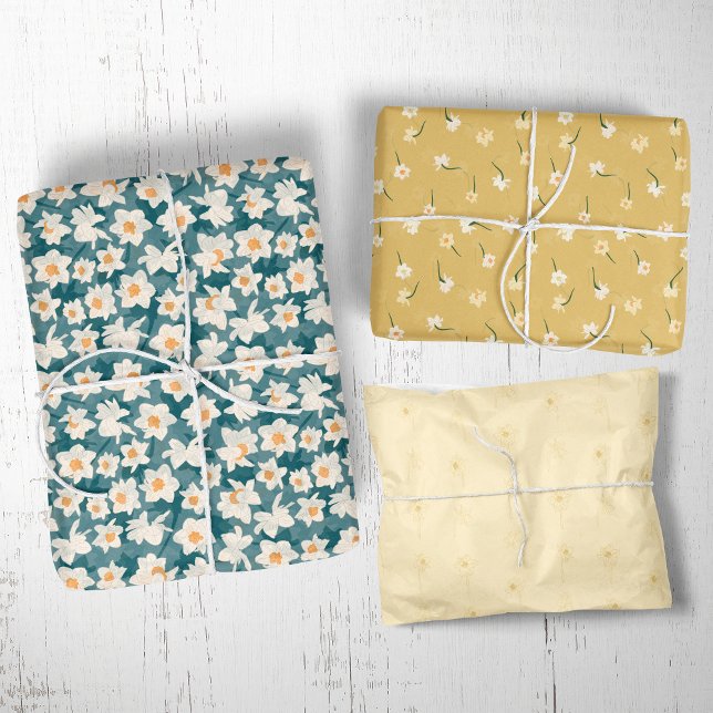 Floral Spring Daffodil | Teal and Yellow Wrapping Paper Sheet (Creator Uploaded)