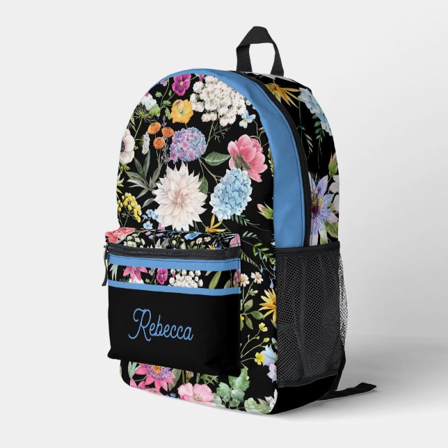 Floral Spring Design Personalised Blue Trim Printed Backpack (Back Corner Right)