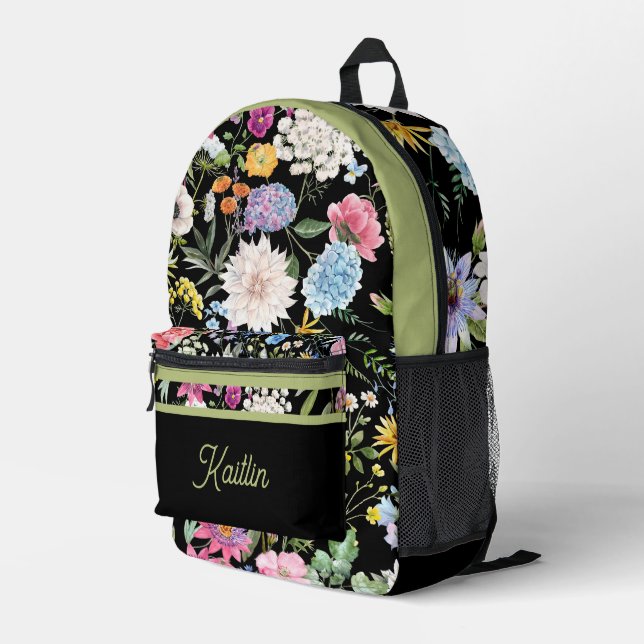 Floral Spring Design Personalised Green Trim Printed Backpack (Back Corner Right)