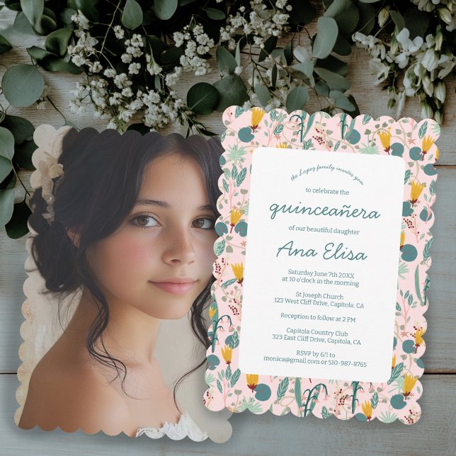 Floral Spring Garden Pattern PHOTO Quinceañera  Invitation (Floral Spring Garden Pattern PHOTO Quinceañera Invitation
)