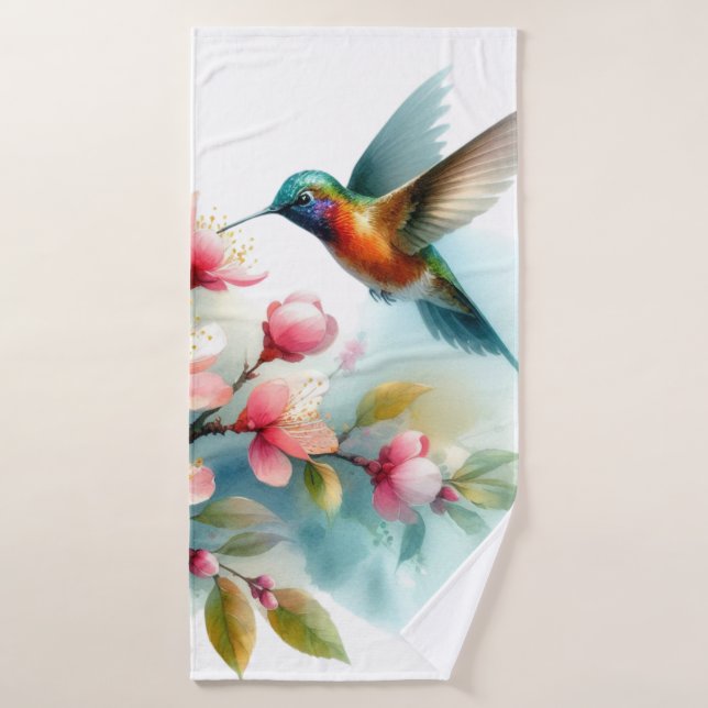 Floral/spring hummingbird artwork  bath towel (Bath Towel)