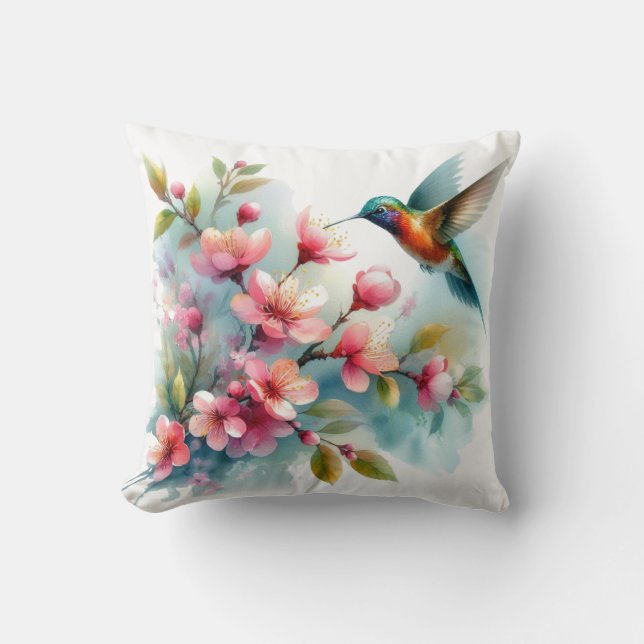Floral/spring hummingbird artwork  cushion (Front)