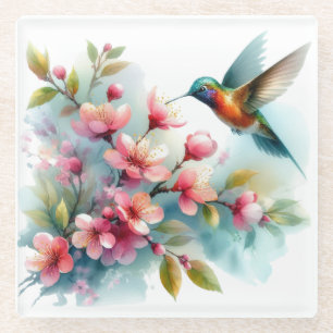 Floral/spring hummingbird artwork  glass coaster