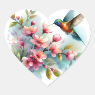 Floral/spring hummingbird artwork  heart sticker
