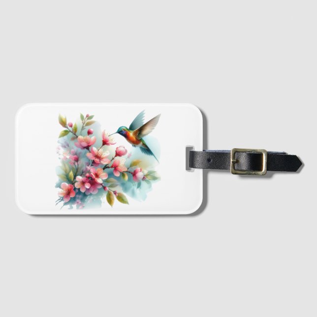 Floral/spring hummingbird artwork  luggage tag (Front Horizontal)