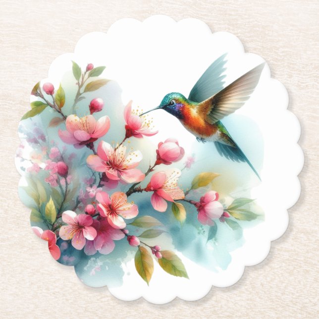 Floral/spring hummingbird artwork  paper coaster (Front)