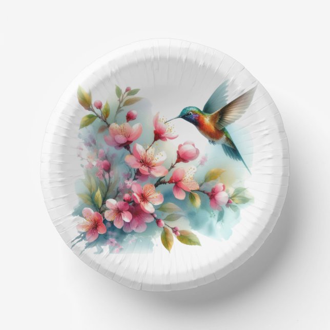 Floral/spring hummingbird artwork  paper plate (Front)