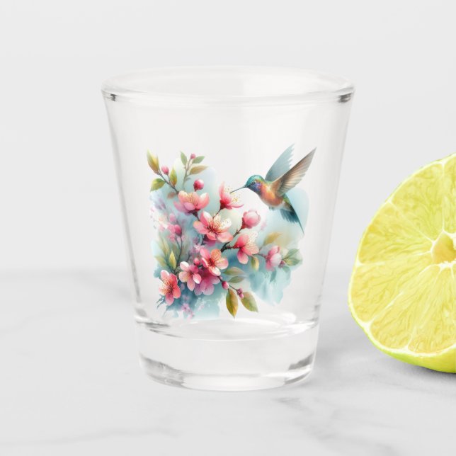 Floral/spring hummingbird artwork  shot glass (Front)