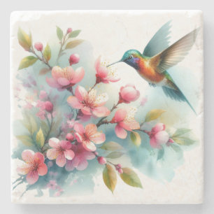 Floral/spring hummingbird artwork  stone coaster